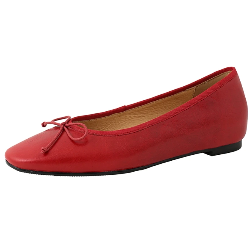 2026 New Red Women's Loafers Flats Shoes Spring Autumn Genuine Leather Casual Slip On Driving Work Shoes Brown Flat Comfortable