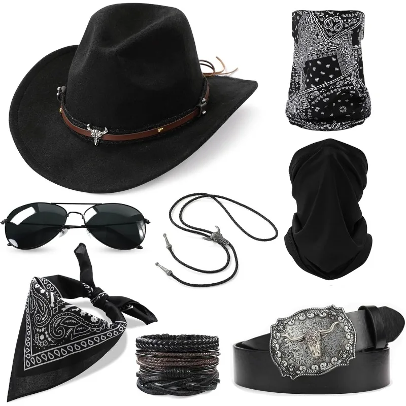 8PCS/SET Western Cowboy Costume Outfit for Men Cowboy Hat Belt Neck Gaiter Face Cover Accessories for Halloween Party Cosplay