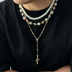 PuRui 3Pcs/Set Creative Rhinestone Imitation Pearl Chain Necklace for Men Goth Jesus Cross Pendant Choker Y2K Jewelry Gifts