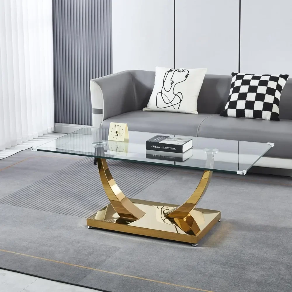 47" Clear Glass Coffee Table, Modern Gold Mirror Coffee Table with U-Shape Stainless Steel Legs, Tea Table