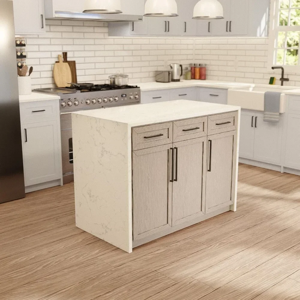 

Kitchen Island Includes Gray Oak Kitchen Island Cabinet with Engineered Marble Waterfall Countertop