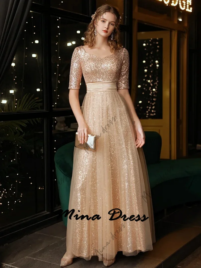 

Mina Customized Sequins Evening Dresses Woman Elegant Party Dresses 2024 for Wedding Dress Thin Waist Short Sleeves Ball Gowns