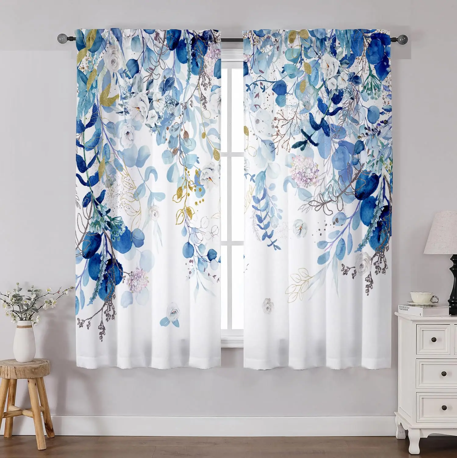 Blue Eucalyptus Leaves Curtains 2 Panels Dual Rod Pocket Light Filtering Drapes for Living Dining Bedroom Bathroom