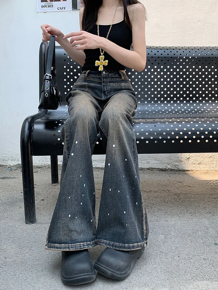 American style design splashed ink slim fit jeans women's summer 2025 new style vintage high waist slimming bell bottom pants