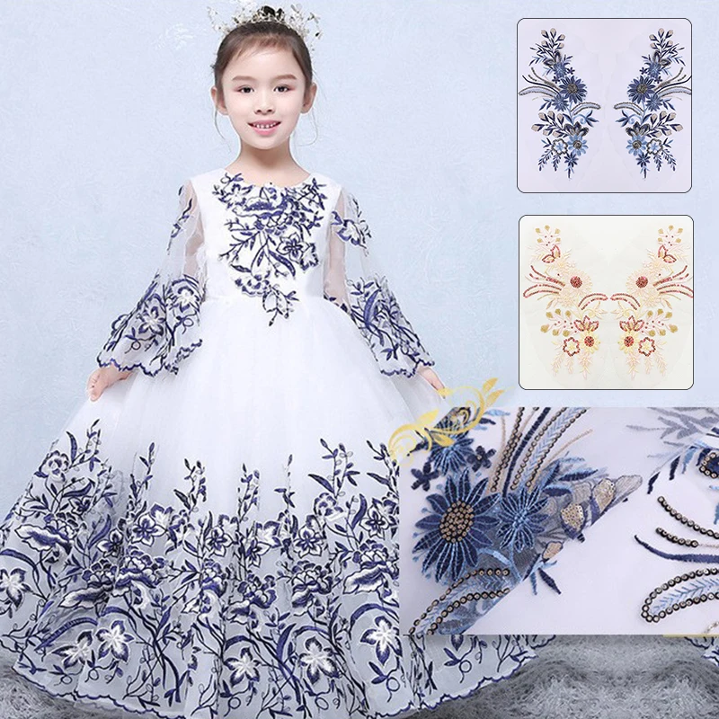 1Pair Blue DIY 3D Embroidery Lace Garment Decoration Sewing Wedding Applique Fabric Craft Supplies Sewing Accessories