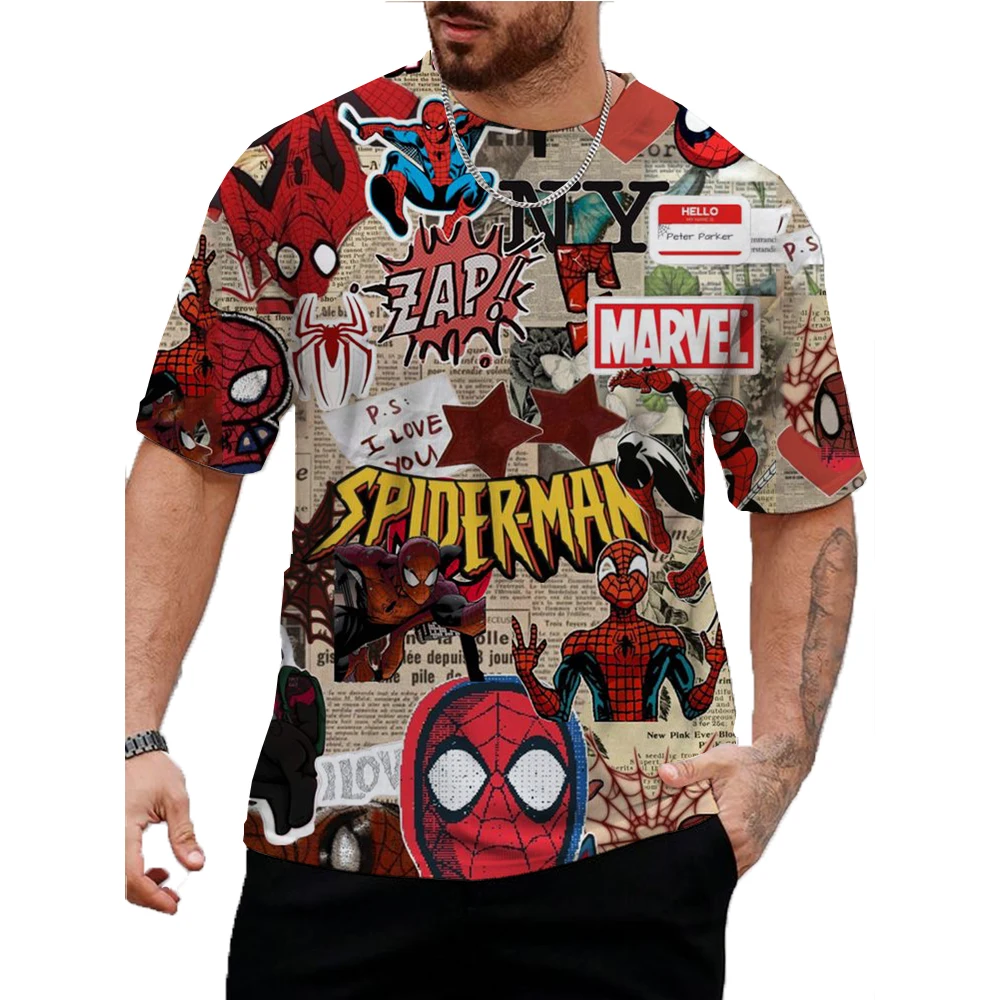 Disney Men's T Shirt Personality Casual Marvel Spider Kid Print Hip Hop Short Sleeve Round Sport T Shirt Oversized Boy Clothing