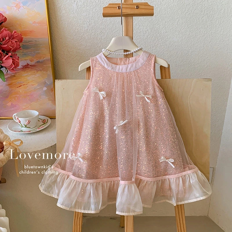 2025 Summer New 2-12 Years Children Baby Princess Sweet Sleeveless Chiffon Sequins Bowtie Patchwork Tank Dress For Kids