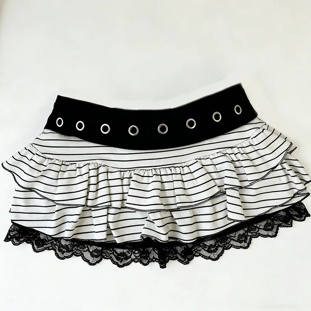 Y2K Subculture Girl Style Skirt, Pleated Design Lace Stitching Hollow Skirt, Striped Color Matching Retro Street niche Fashion