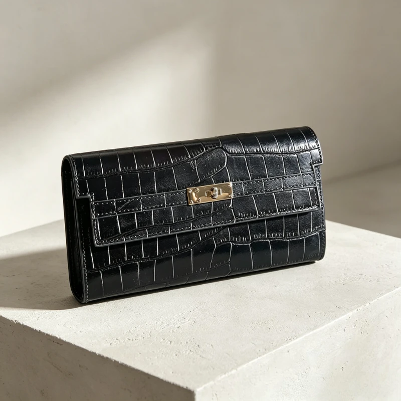 Luxury Niche Women Long Wallet 100% Cowhide Croc Texture 2026 New Large Capacity Multi Card Cash Leather Purse