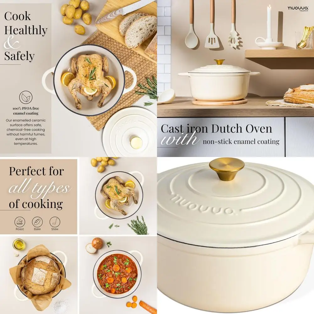 

6.4 Qt Non-Stick Enamel Cast Iron Dutch Oven with Lid - Oven Safe to 500°F for Baking, Braising, and Roasting, 28cm Cream