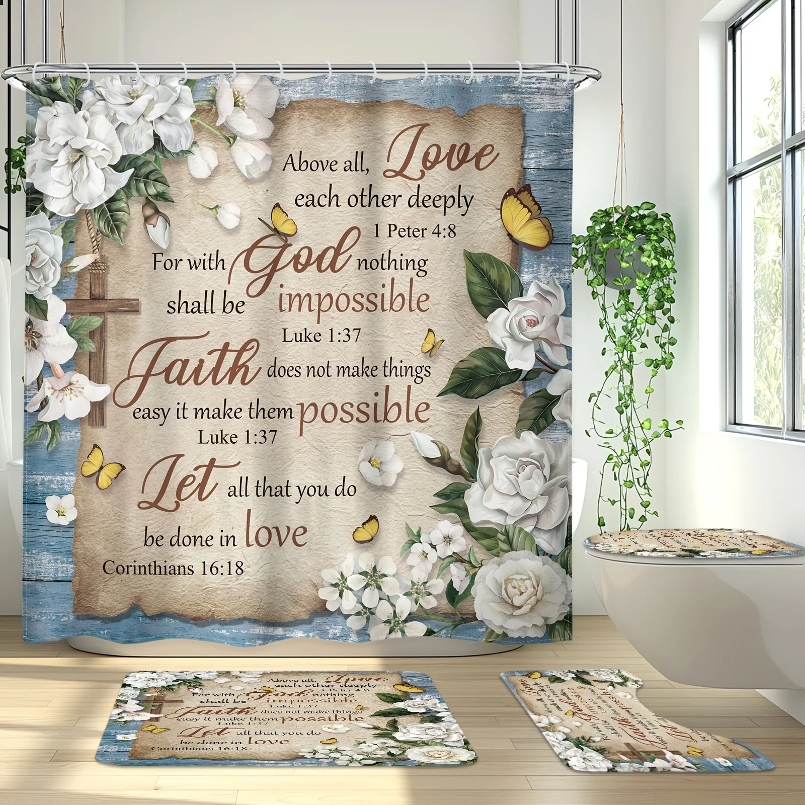 

Набор из 4 предметов для ванной комнаты Inspirational Faith: занавеска для душа, коврик для ванной, крышка унитаза и крышка бака – элегантный домашний декор