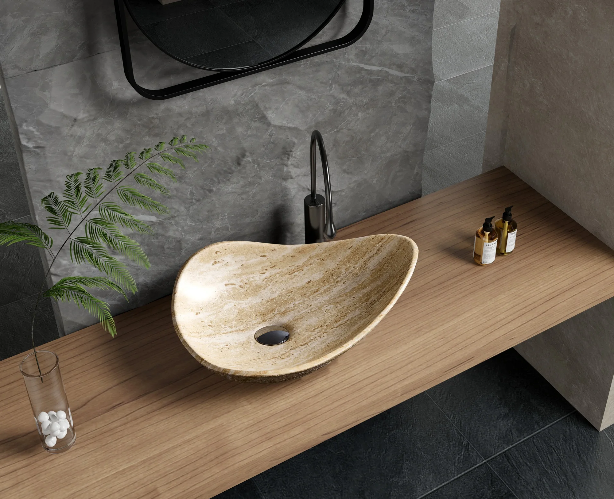 Wabi Sabi Style Bathroom Bowl Sink Yellow Travertine Artistic Artificial Stone Counter Hand Wash Basin Irregular Shape