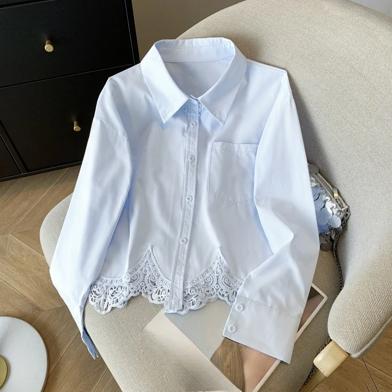 

New Design with Loose Hollow Lace Long Sleeved Shirt Women's Spring and Autumn White Blue Casual Simple Commuter Women's Top