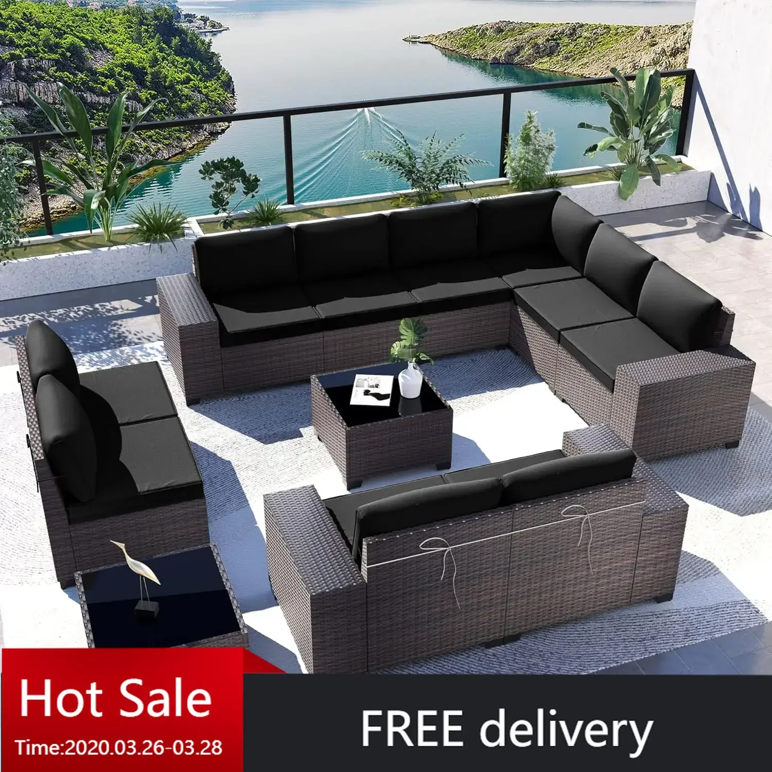 12PCS Outdoor Patio Furniture Set PE Wicker Rattan Sectional Sofa Patio Conversation Sets,Black