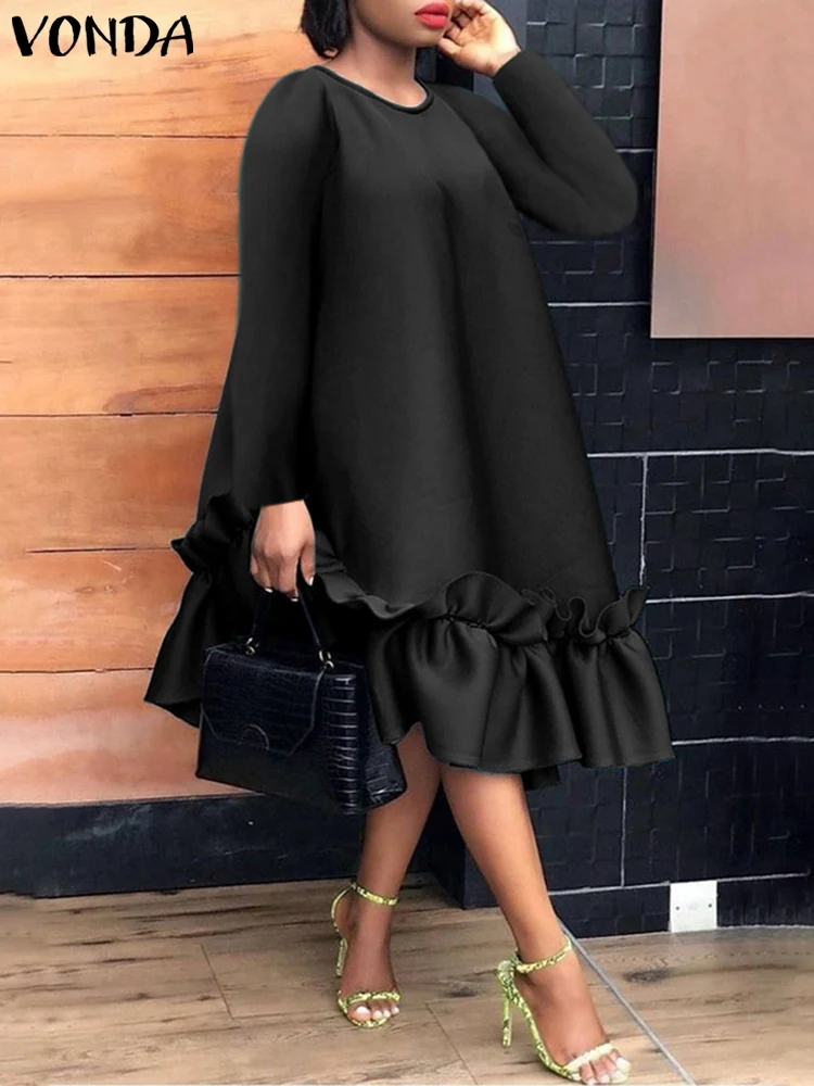 Plus Size 5XL Elegant Women Midi Dress 2024 VONDA Casual Solid Color Ruffled Party Sundress Vintage Long Sleeve Vestidos Robe