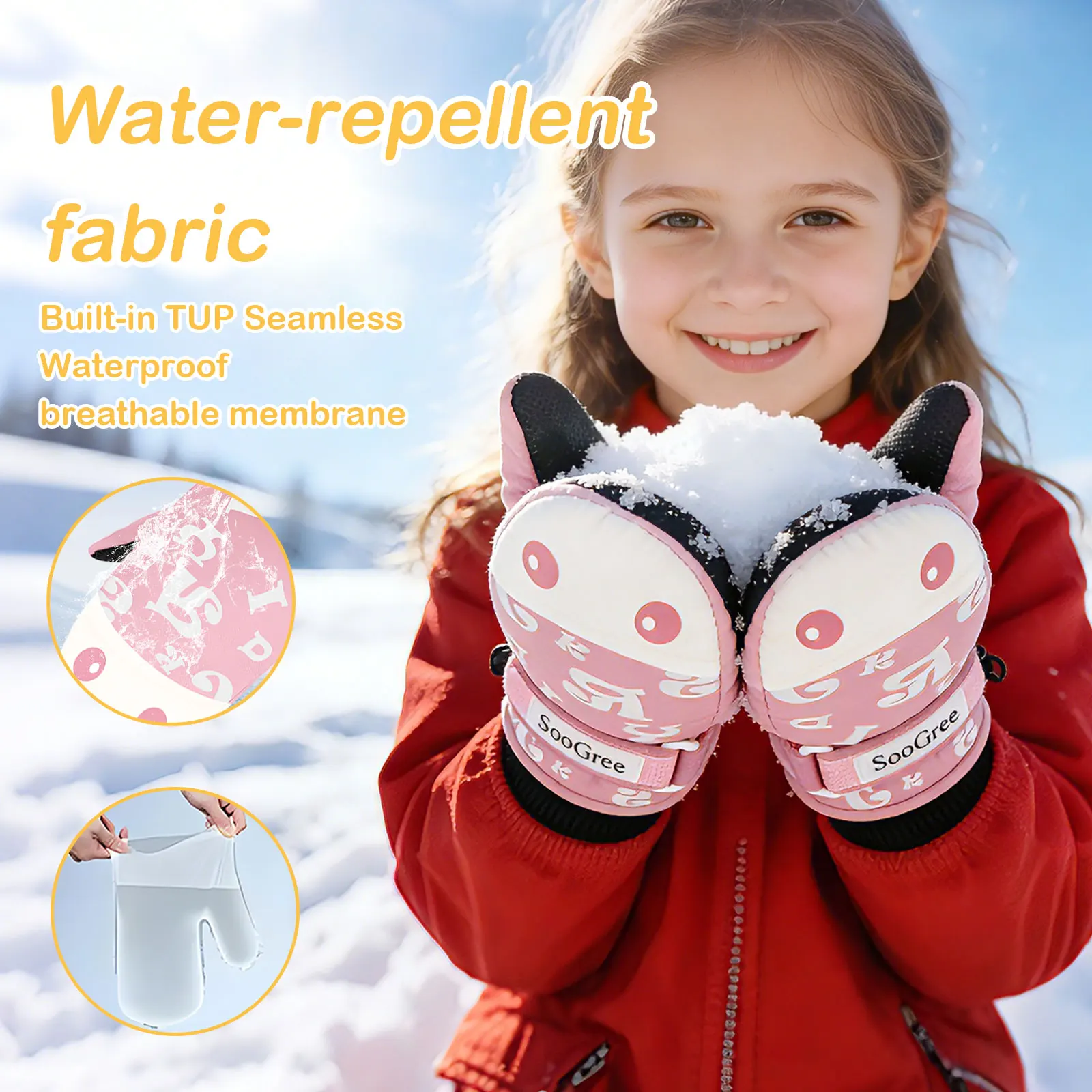 SooGree Kids Ski Mittens Pink Waterproof Winter Snow Letter Print Warm for Girls Boys Velcro Outdoor 3-12 years old