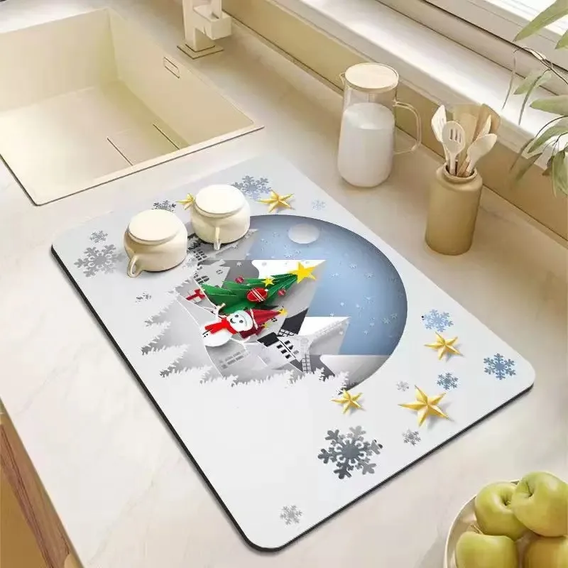 VIKAMA Diatomite Drying Mat, Super Absorbent Quick Dry Non-Slip Dish Drying Christmas Tree Snowflake Minimal Decor
