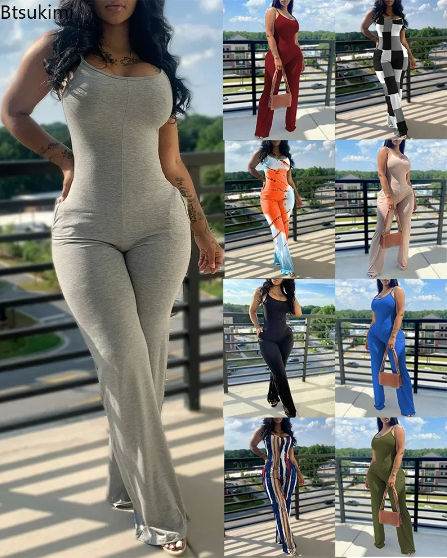 

2025 Women's Summer Casual Strap Jumpsuit Slim Sleeveless Tight Wide Leg Pants Overalls Female Fitness Casual Jumpsuit Outfits