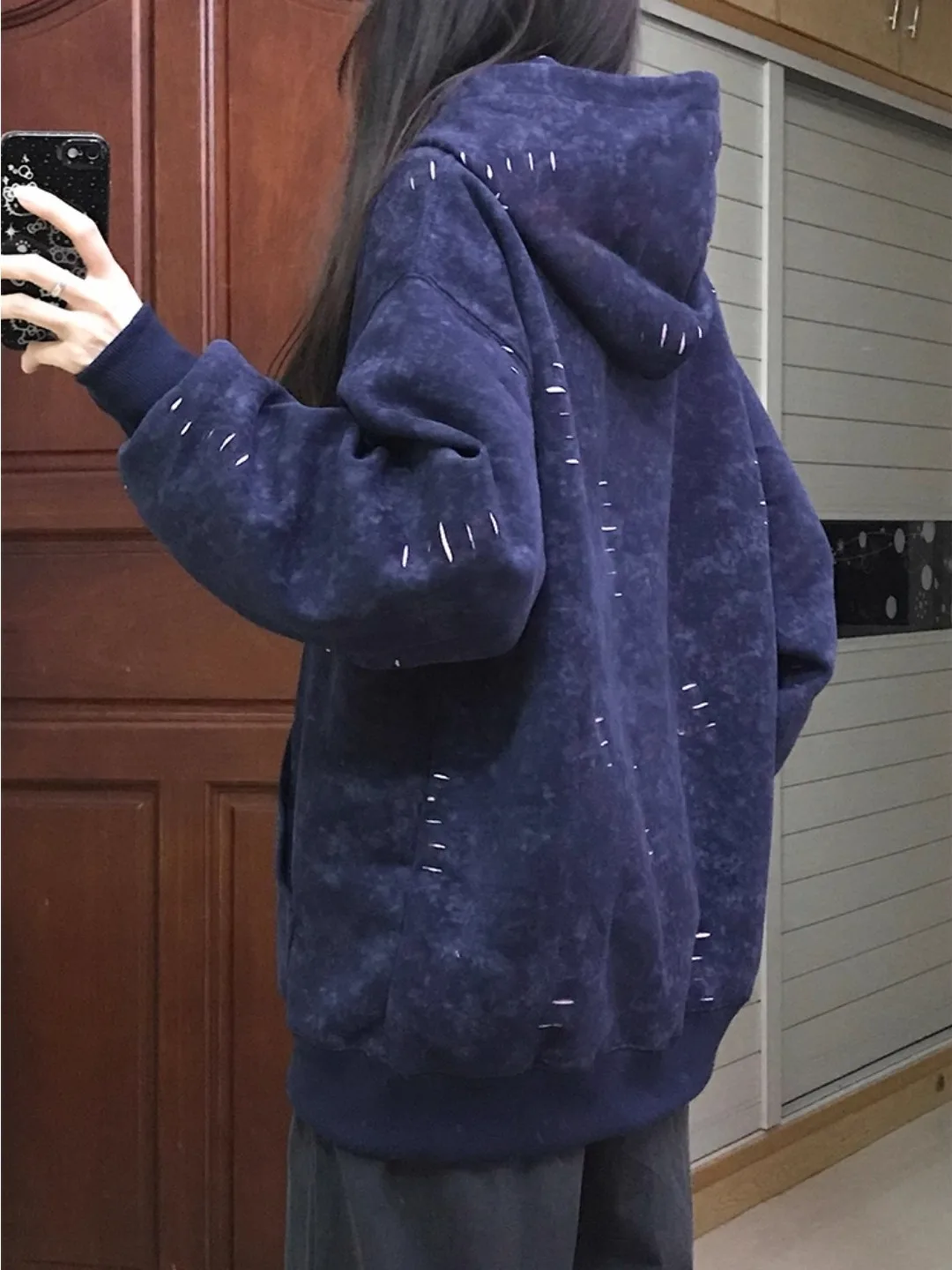 

Мужская толстовка с капюшоном цвета кобальтовой синевы, плотная и жесткая, с дизайнерскими элементами, осенняя, с прорезями, в американском стиле, верхняя одежда, куртка