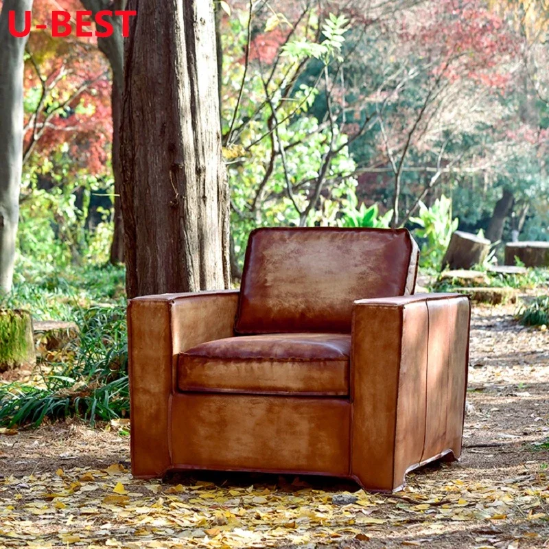 U-BEST Classic Leisure Chair Home Furniture American Style Antique Living Room Leather Single Seat Sofa Chair