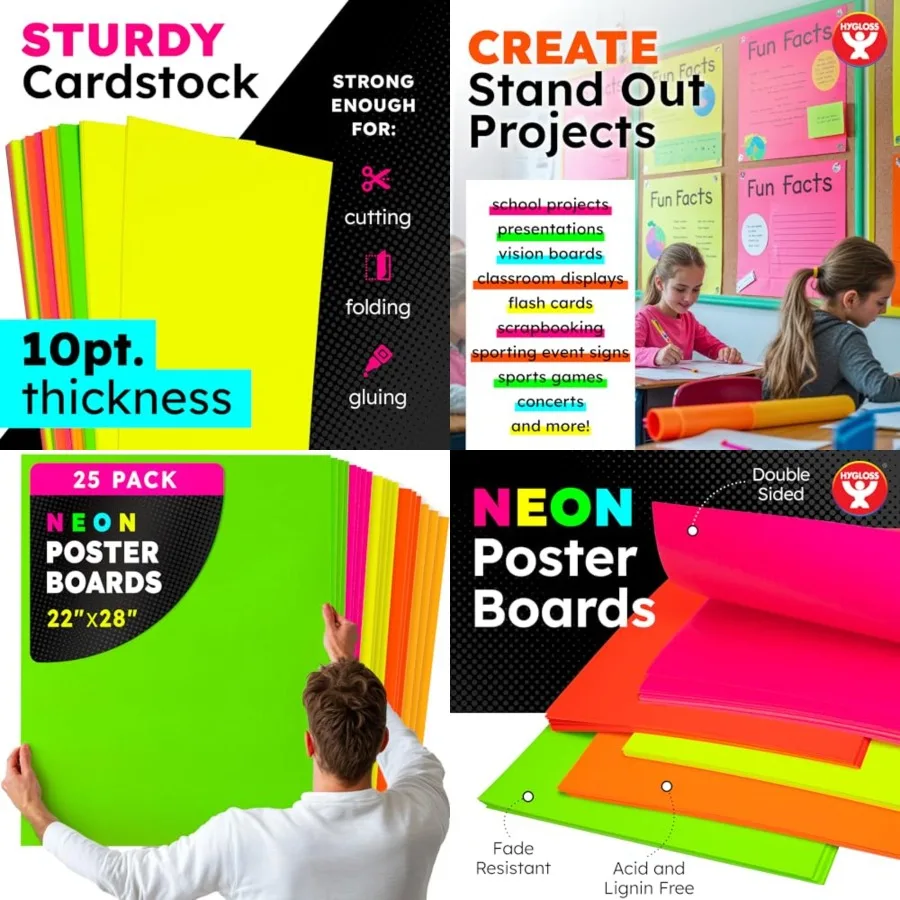 

Large Poster Board 28 - 25 Color Poster Boards Bulk Pack - 10 Pt. Thickness Colored Poster Board Paper for Projects, Signs, Dis