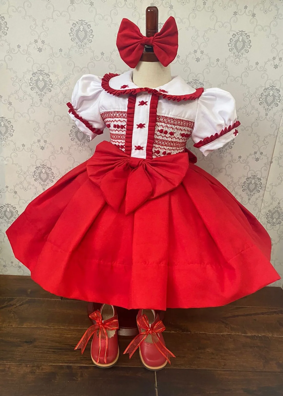 Summer Girl Handmade Embroidered Red Dots Smoked White Red Dress With Bow for Casual Christmas Party Birthday Photography A520