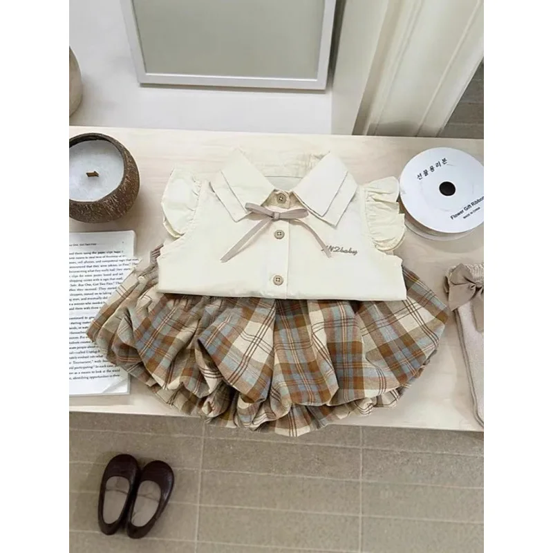 

2025Summer Outfit for Girls New Children's Turn-down Collar Short Sleeve Top+Casual Shorts Elegant Two-Piece Set