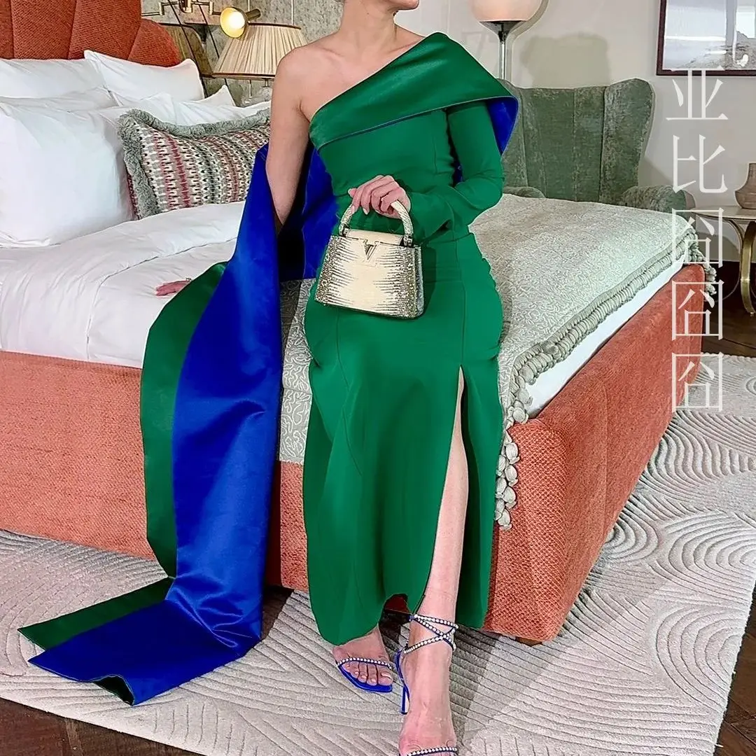 One Shoulder Prom Dresses Ankle Length Side Split Long Sleeve Party Gowns Green Evening Dress Saudi Arabia Wedding Dresses 2024