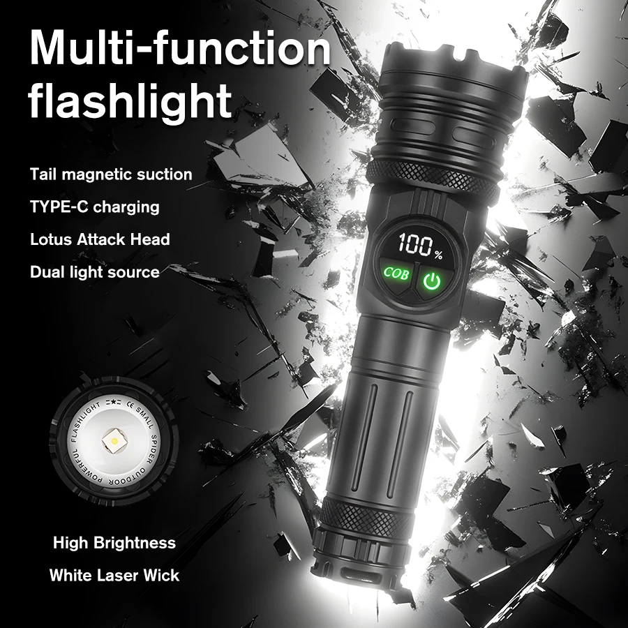 High Power LED COB Flashlight USB Rechargeable Torch Outdoor Searchlight Camping Light Telescopic Zoom Digital Display Lantern