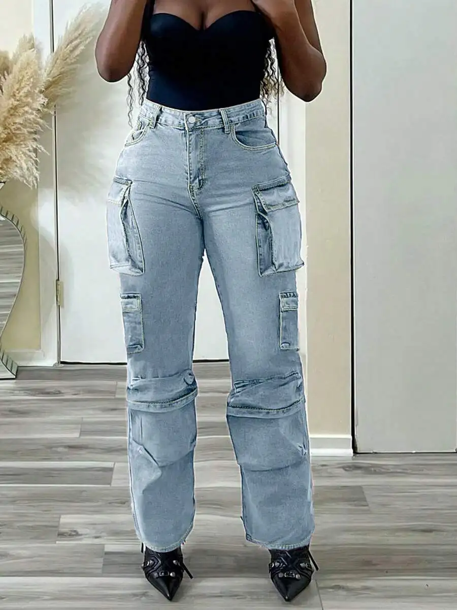 

Womens Cargo Denim Pants With Side Flap Pockets Washed Straight Leg Casual Pants