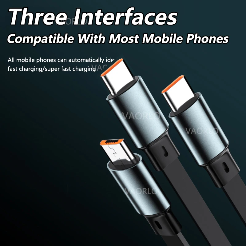 3 in 1 USB 6A 100W Mechanical Charging Cable Micro USB TypeC Data Cable Retractable Charging Cable for iphone huawei xiaomi