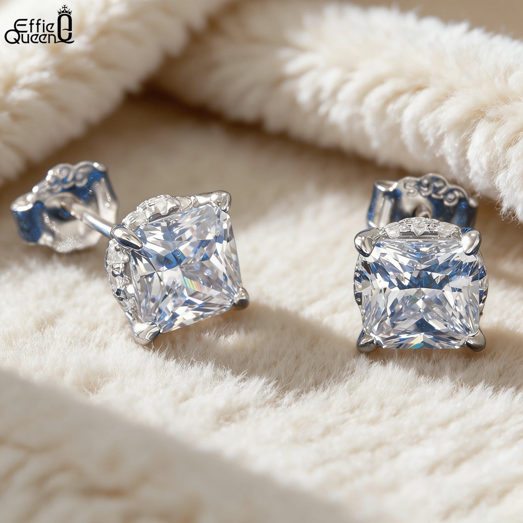 

Effie Queen Genuine 925 Silver Sparkling Princess-Cut 8A Zirconia Stud Earrings Luxury Jewelry for Women Ear Wedding Party LZE01