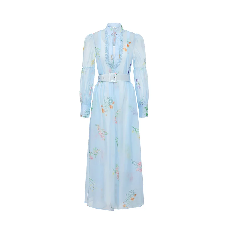 

Spring 2026 Women's Long Lantern Sleeve Chiffon Dress with Hollow out Lace Stand Collar Belted Holiday Party Robe Vestidos