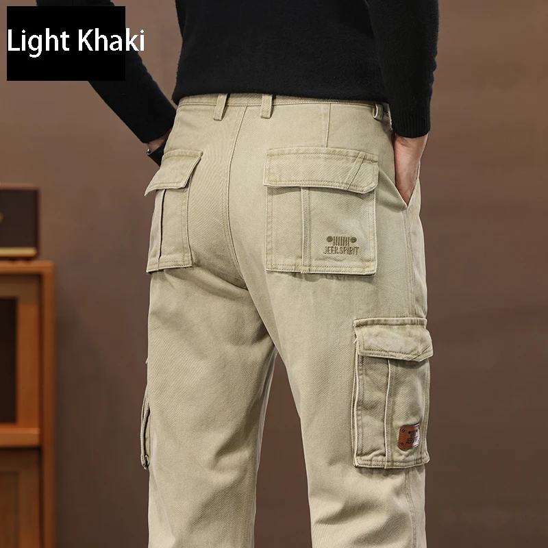 

Autumn Winter Mens Cargo Pants Mulit Pockets Military Army Denim Casual Pants Straight Khaki Green Trousers For Male Size 42 44