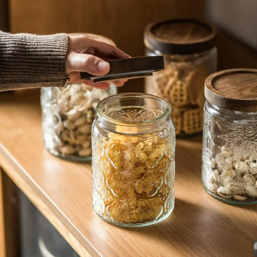 Snminetal خمر الزجاج المطبخ تخزين مكافحة جرة المطبخ والمخزن الزجاجي مع غطاء خشبي محكم لملفات تعريف الارتباط الحلوى C