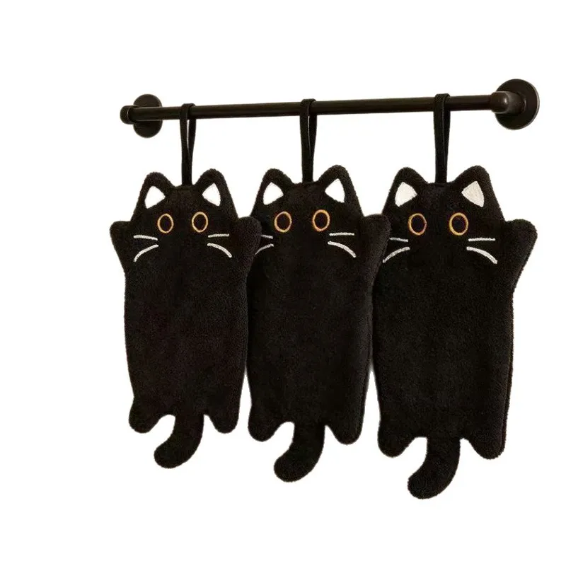 3pcs Black Cat Hanging Hand Towel Quick Dry Absorbent Thick Coral Fleece Kitchen Bathroom Cleaning Rag Wear-Resistant Cute Pet