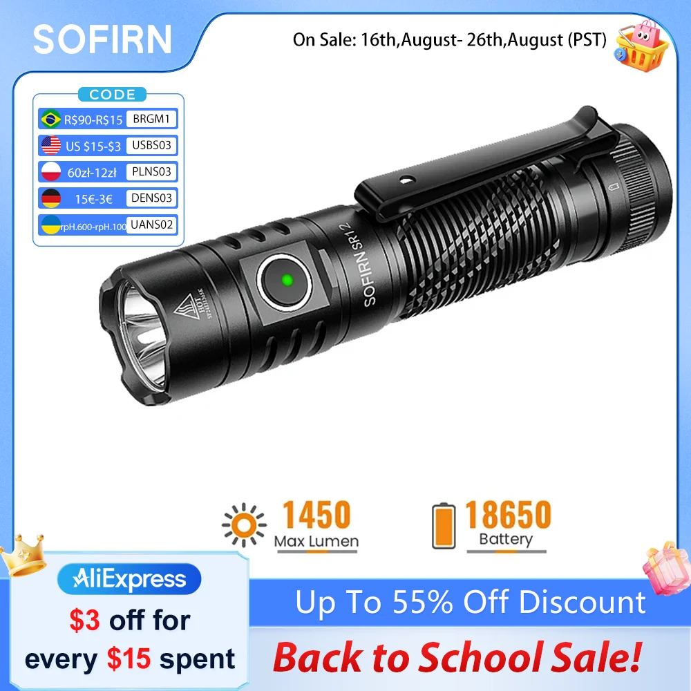 Latarka SOFIRN SR12 1450lm Kieszonkowa Latarka LED SFT25R z Reflektorem, Zasięg 396m, Mocna Latarka z Magnetyczną Końcówką