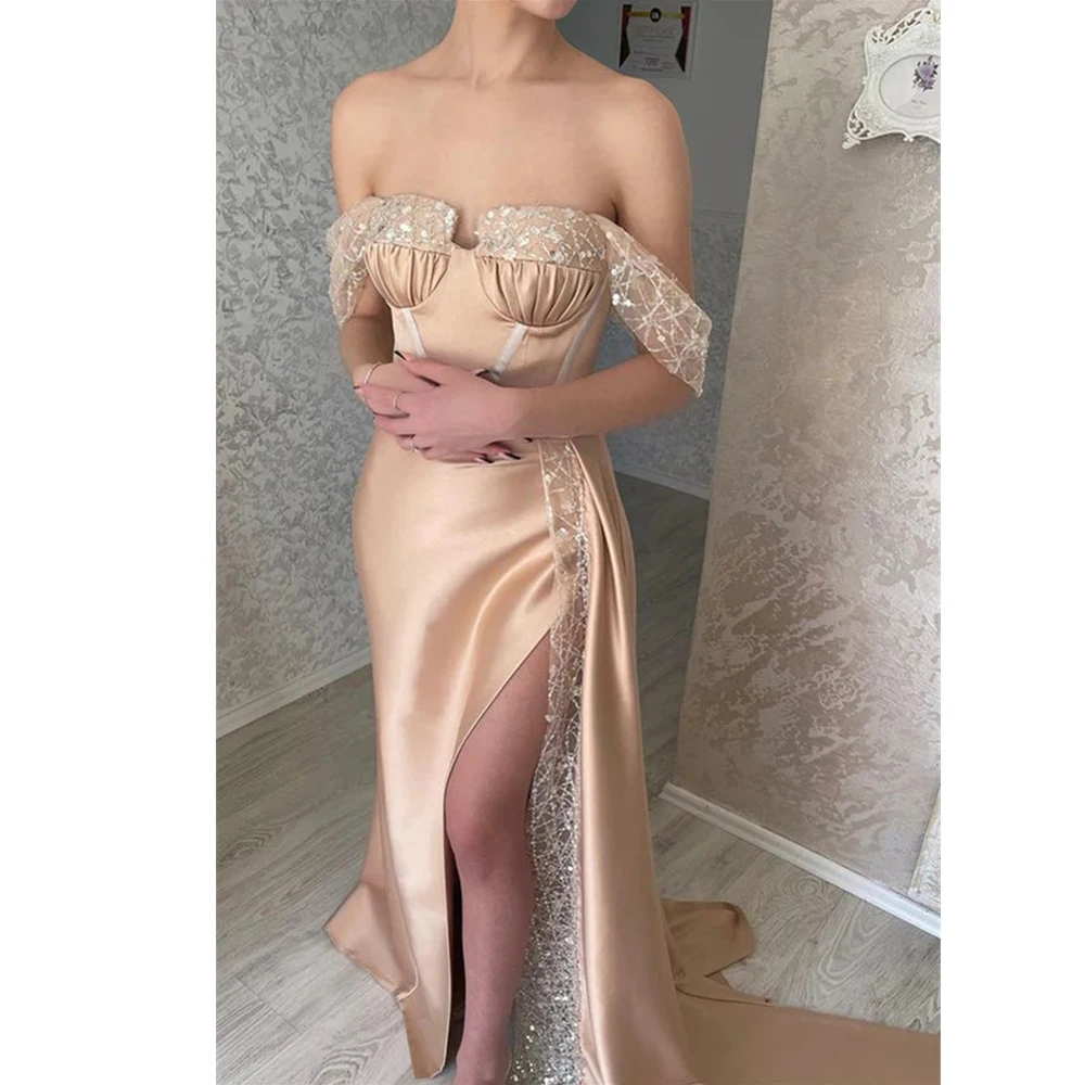 Sexy Off Shoulder Evening Dresses Women's Side Split Formal Party Prom Gowns Satin Fashion Celebrity Bead String Sleeveless Robe