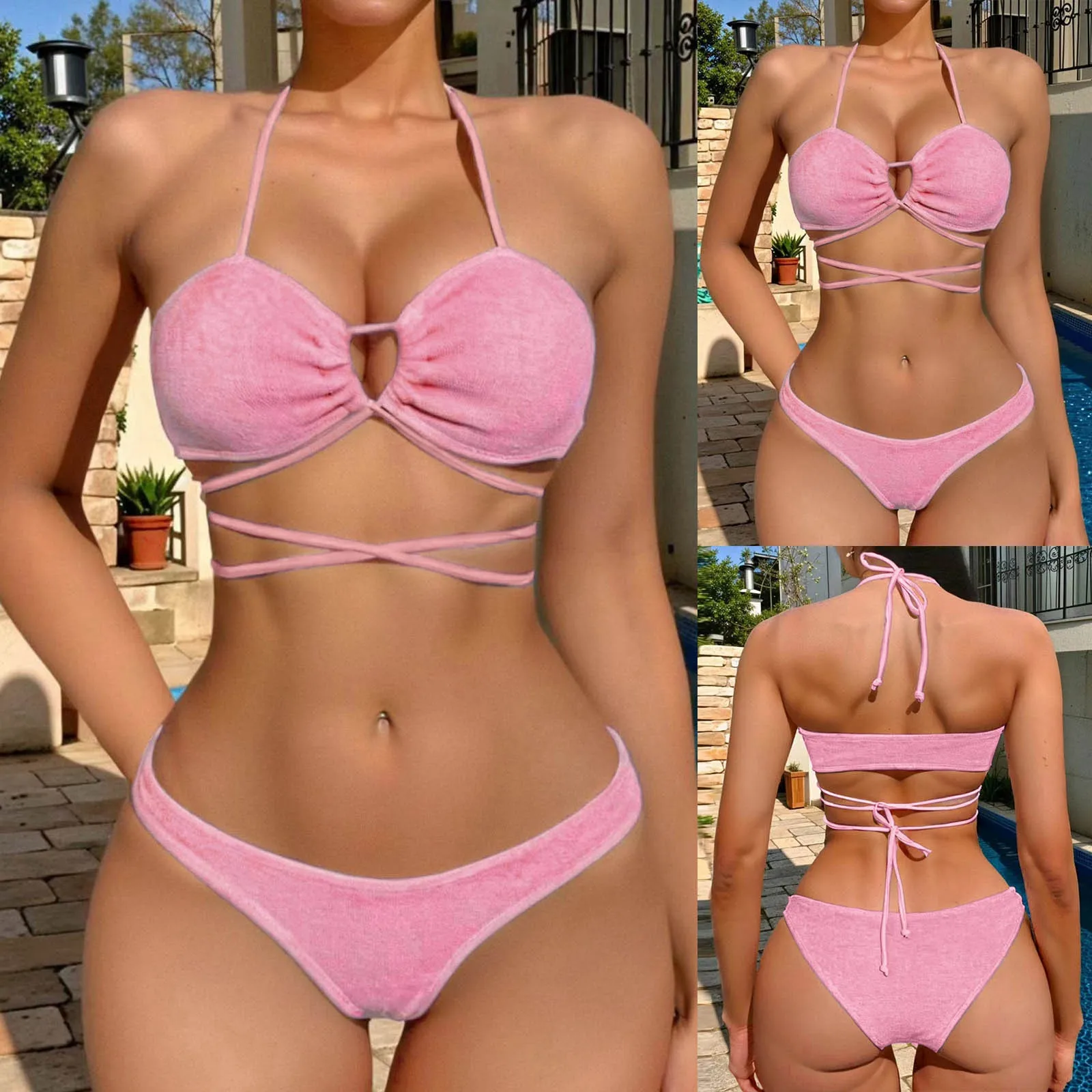 Pink Cross Hollow Strappy Sexy Swimsuit Bikini 2024 Summer New Fashion Hanging Neck Bikini Set Two Piece Women\'s Swimsuit