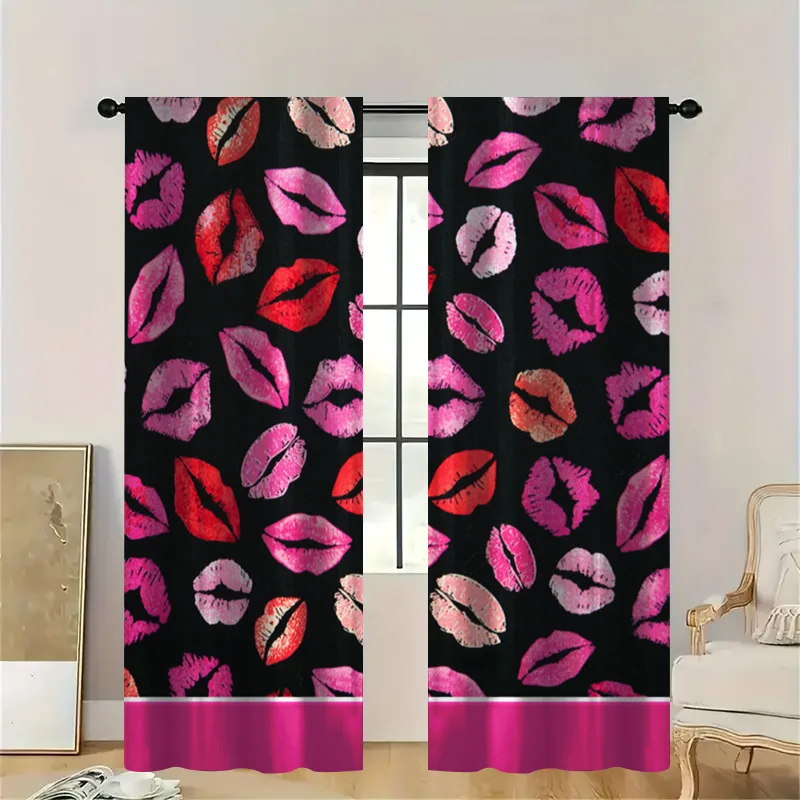 

2 шт. шторы с принтом губ в стиле поп-арт и карманом для стержня, черные с ярко-розовыми отметками поцелуя, прозрачные, смелый акцент для современной комнаты