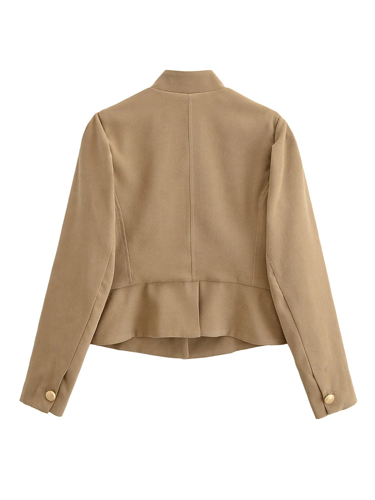 เสื้อแจ็คเก็ตผู้หญิงแฟชั่นฤดูหนาวใหม่ สไตล์วินเทจ ผ้าหนังกลับเทียม ทรงพองไหล่ คอตั้ง ทรงเข้ารูป เรียบหรู สีกากี