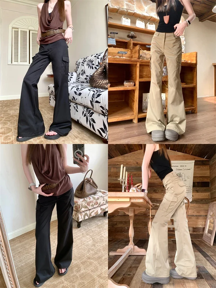 Pantalon décontracté kaki rétro américain pour femmes, nouveau style d'été, pantalon de sol taille haute, pantalon de travail à la mode