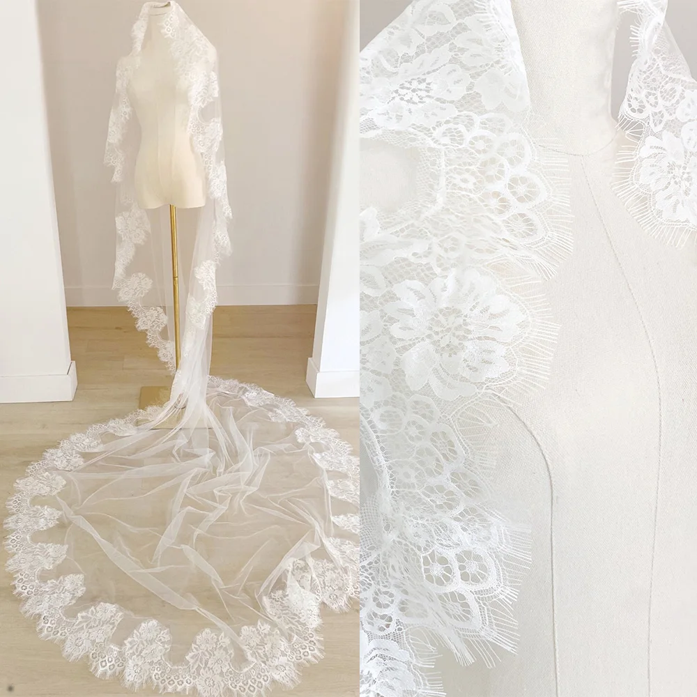 

French Lace Edge Wedding Veils For Bride Cathedral Elegant With Comb White Ivory Customize Bridal Accessories 3M