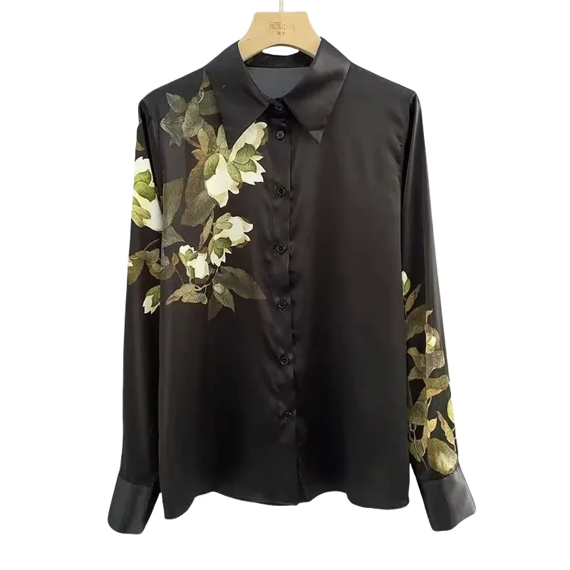 Satin Blouses Summer New 2024 Soft and Flower Print Casual Korea Fashion Comfortable Black Loose Long Sleeve Women Shirts