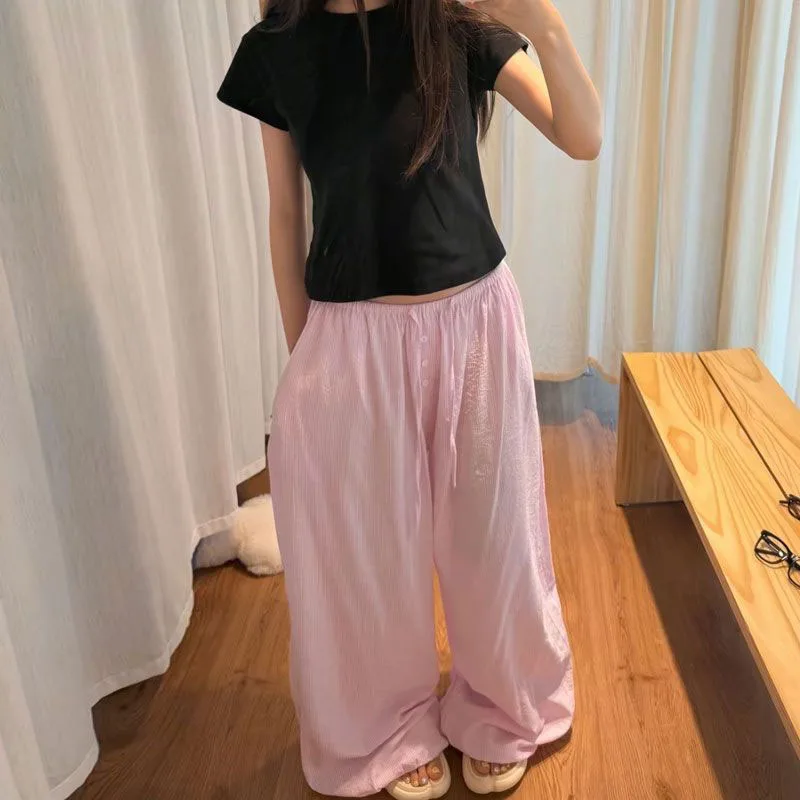 Striped Wide Leg Pants for Women Summer Loose Streetwear Thin Casual Pants High Waist Drawstring Straight Trousers Female