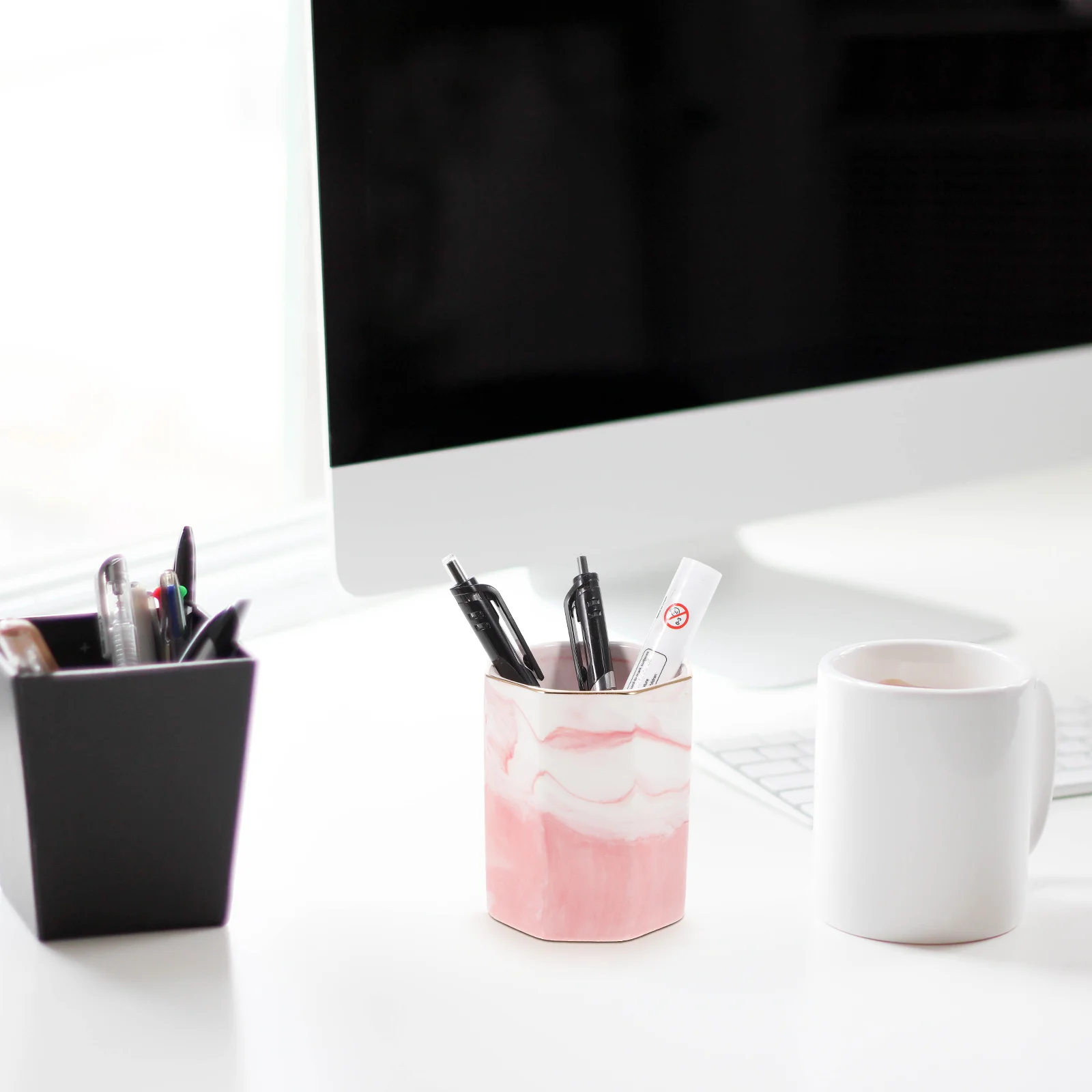 

Marble Pencil Holder Hexagonal Geometric Desktop Organizer Pen Cup Polished Smooth Multifunctional Makeup Brush Holder for Girls