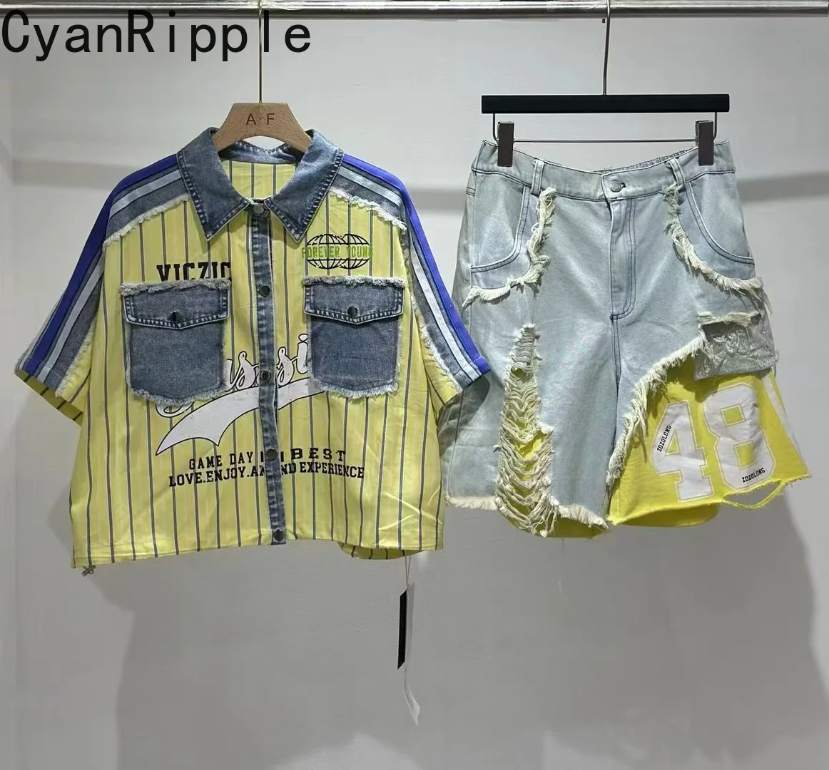 

Trendy New Summer Colorblock Stripes Single-breasted Loose Short Sleeve Cardigans Shirt Hole Patchwork High Waist Denim Shorts