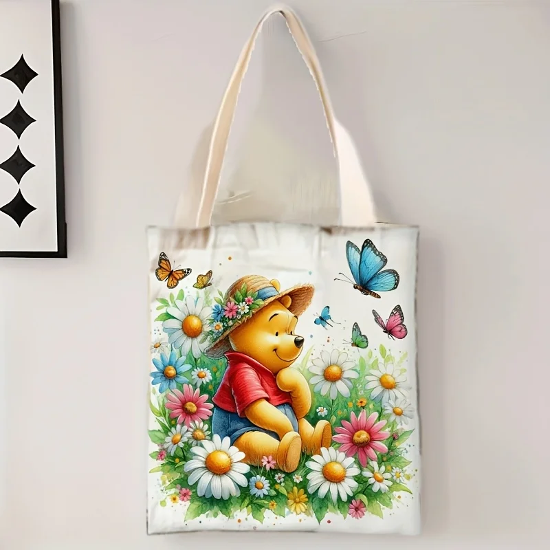 1pc Winnie the Pooh Floral Print Tote Bag,suitable for daily