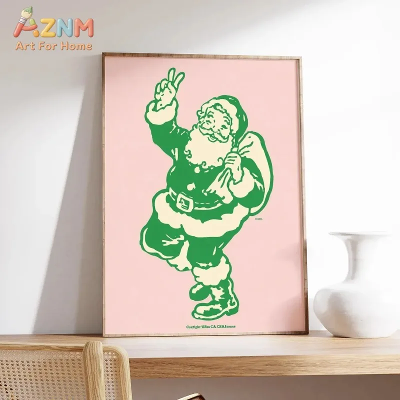 Retro Pastel Pink Green Peace Sign Santa Christmas Canvas Poster Prints Frameless Wall Art Festive Winter Cozy Soft Home Decor
