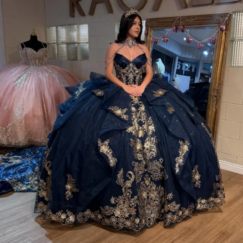 

Темно-синее бальное платье для квинсеаньеры с открытыми плечами, аппликацией, кружевом, бисером, тюлем, корсетом, для вечеринки, дня рождения, Sweet 16, Vestido